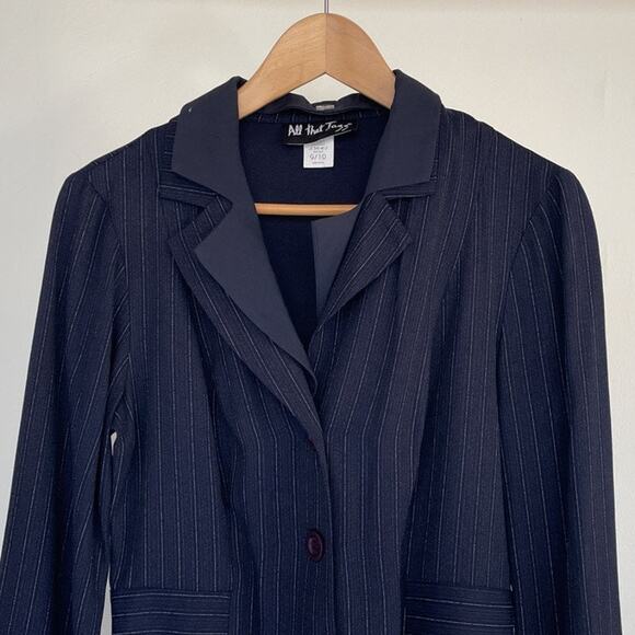 Vtg 90s Blue Pin Striped Fitted Blazer Jacket ALL THAT JAZZ Office Siren Sz 9/10 - Picture 2 of 8